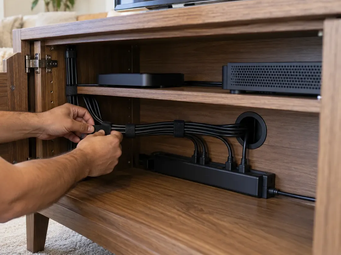 Fastening cables with hook-and-loop ties in a cabinet β Greenpoint soundbar installation Soundbar installation Greenpoint, Brooklyn: hands fastening black cables with hook-and-loop ties inside a wooden media cabinet, cables passing through a rear grommet to a power strip