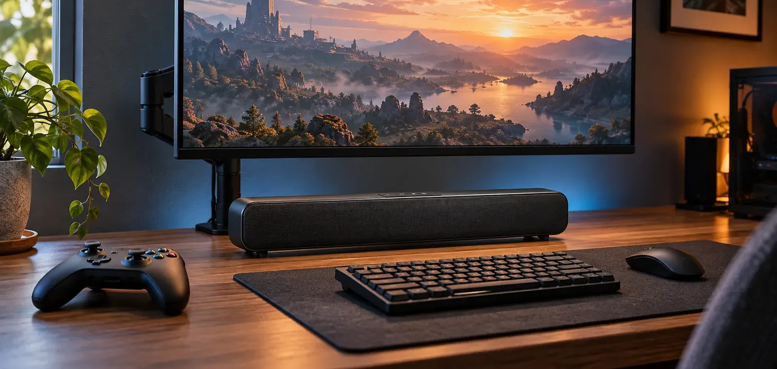 Compact soundbar on a desk under a monitor β Greenpoint soundbar installation Soundbar installation Greenpoint, Brooklyn: compact soundbar on a wooden desk beneath a monitor on an arm, with a keyboard, mouse, game controller and plant