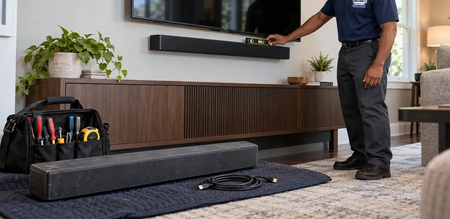 Spirit level resting on a wall-hung soundbar β Greenpoint soundbar installation Soundbar installation Greenpoint, Brooklyn: installer in a navy uniform resting a yellow spirit level on a black soundbar fixed under a wall TV, above a walnut media console