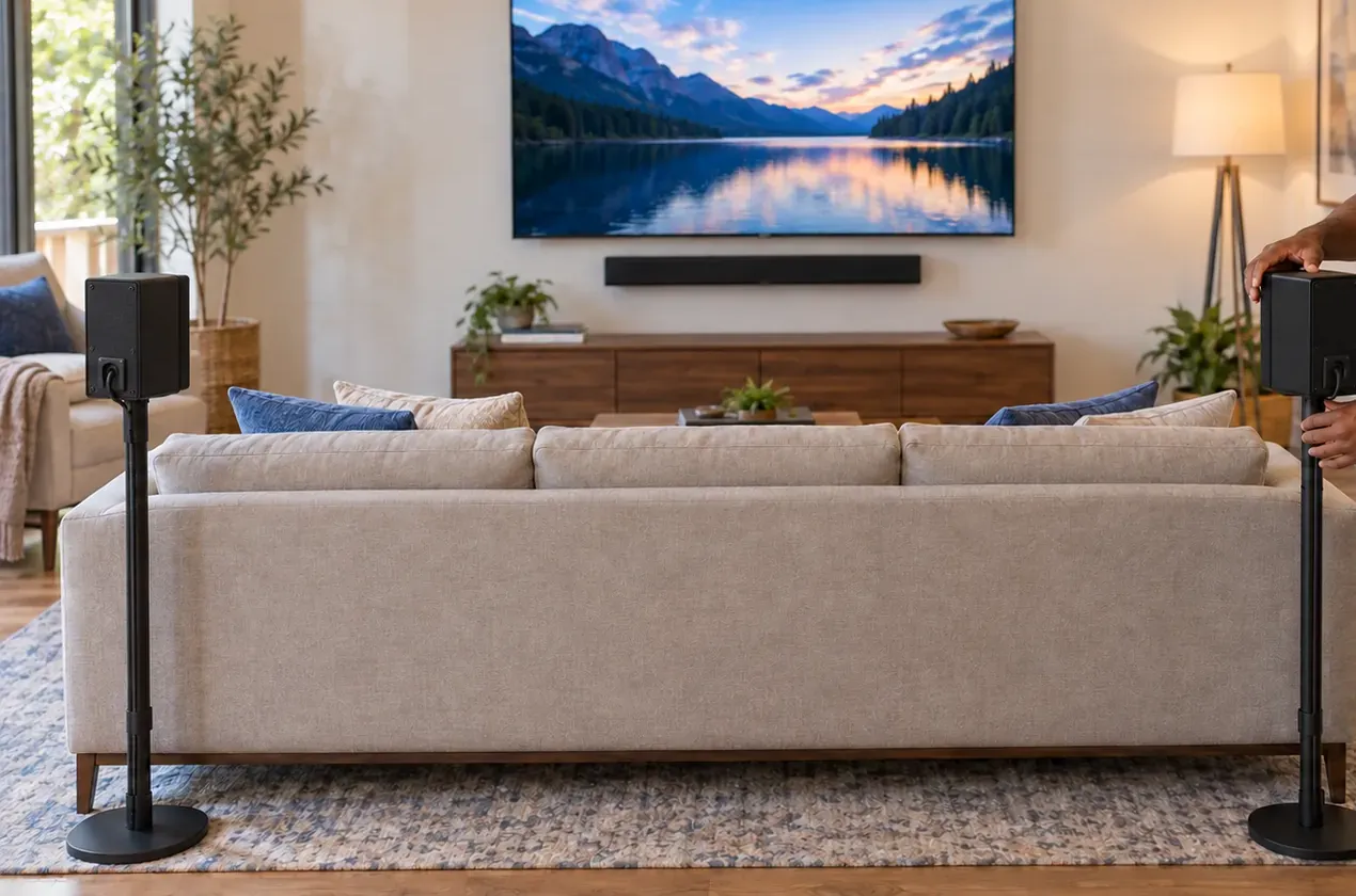 Rear speakers on floor stands at each end of a sofa β Greenpoint soundbar installation Soundbar installation Greenpoint, Brooklyn: living room with two rear speakers on black floor stands at either end of a sofa, facing a wall TV with a slim soundbar beneath it