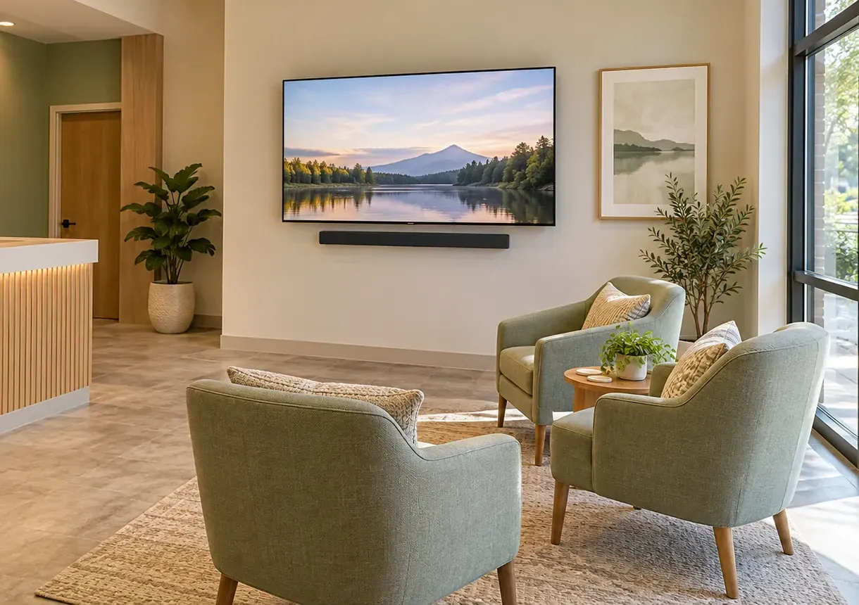 Lounge TV with a slim soundbar beneath β Greenpoint soundbar installation Soundbar installation Greenpoint, Brooklyn: reception lounge with sage-green armchairs on a woven rug facing a wall-mounted TV with a slim black soundbar centred under it