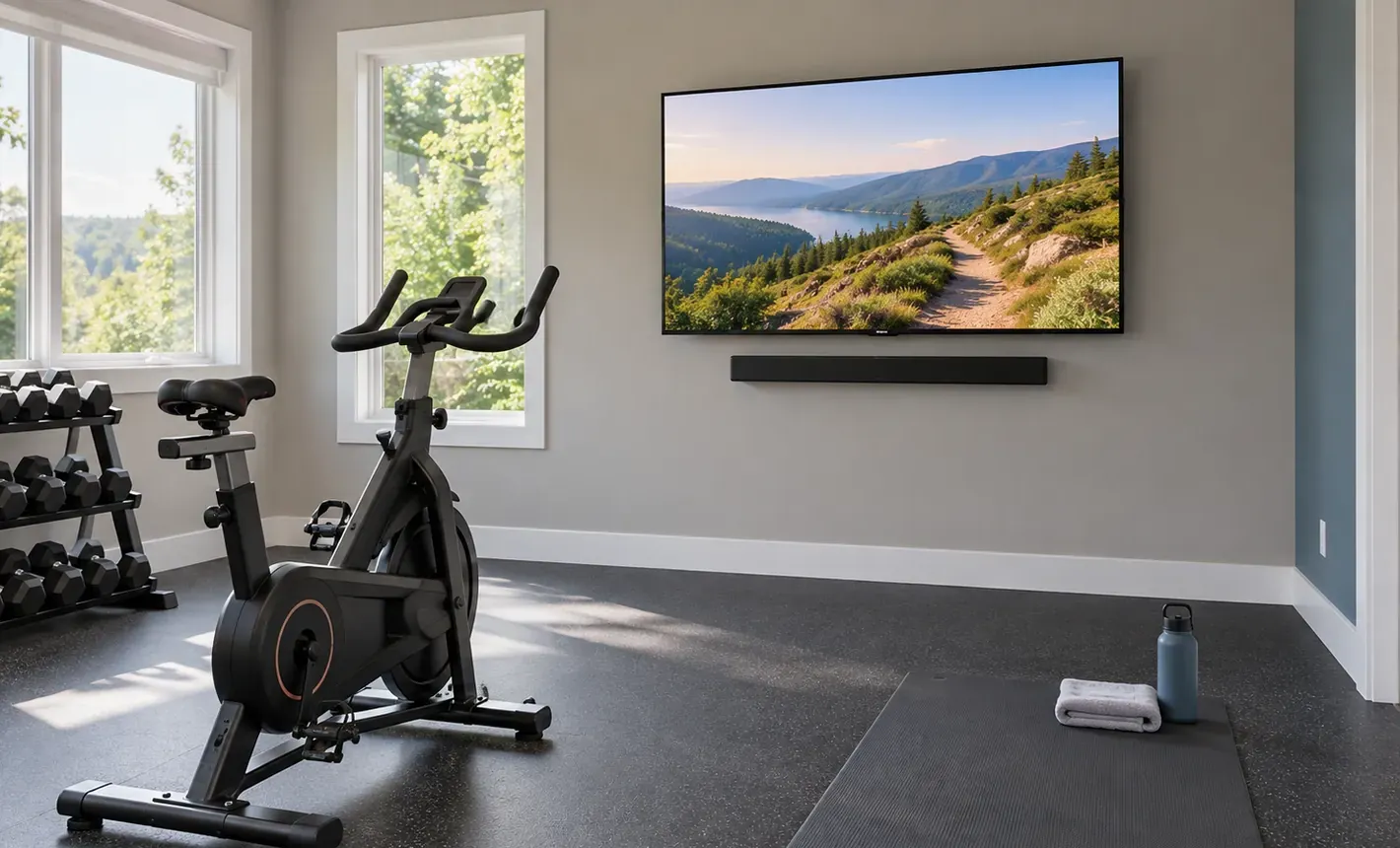Workout room with a soundbar under the wall TV β Greenpoint soundbar installation Soundbar installation Greenpoint, Brooklyn: home workout room with a spin bike, dumbbell rack and rubber floor facing a wall-mounted TV with a soundbar fixed below it