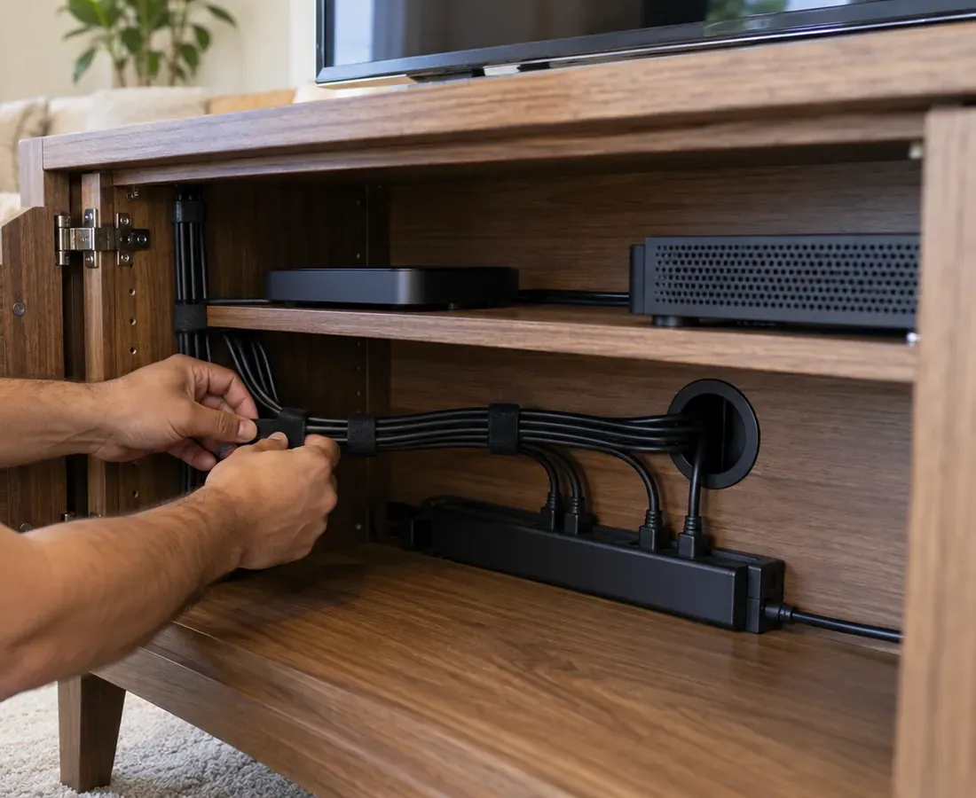 Greenwich Village, Manhattan soundbar wiring: hands strapping HDMI and power cables through a grommet to a surge strip inside an open wooden media cabinet holding two boxes