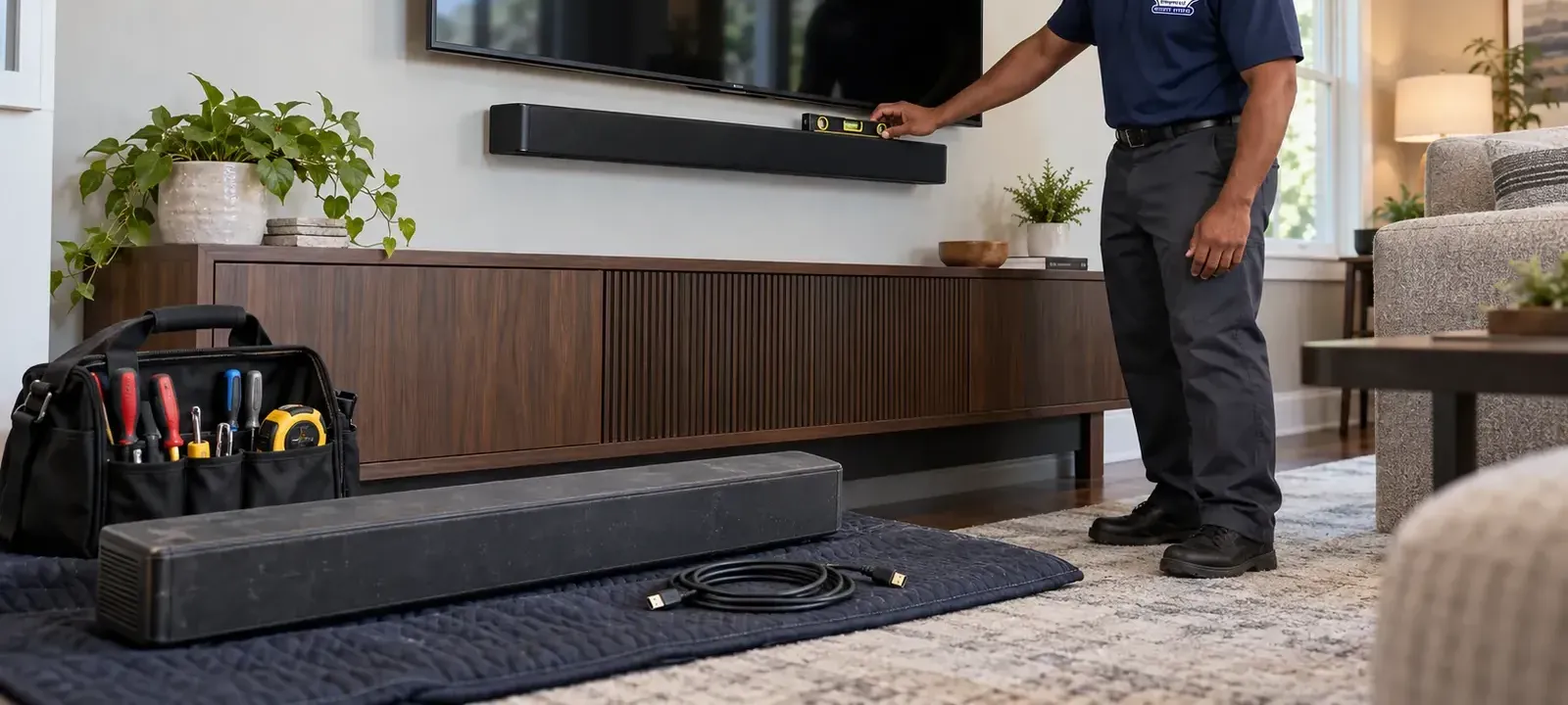 Greenwich Village, Manhattan soundbar check: technician resting a small level on a wall-hung soundbar under a TV, a tool bag and a second bar on a moving blanket by the console