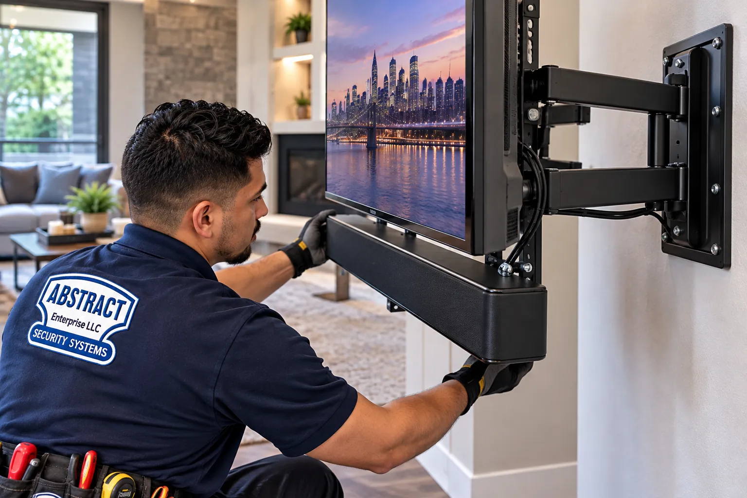 Soundbar fixed to a full-motion TV arm — Harlem soundbar installation Soundbar installation Harlem, Manhattan: gloved technician fitting a soundbar to the bottom of a TV on an extended full-motion wall arm