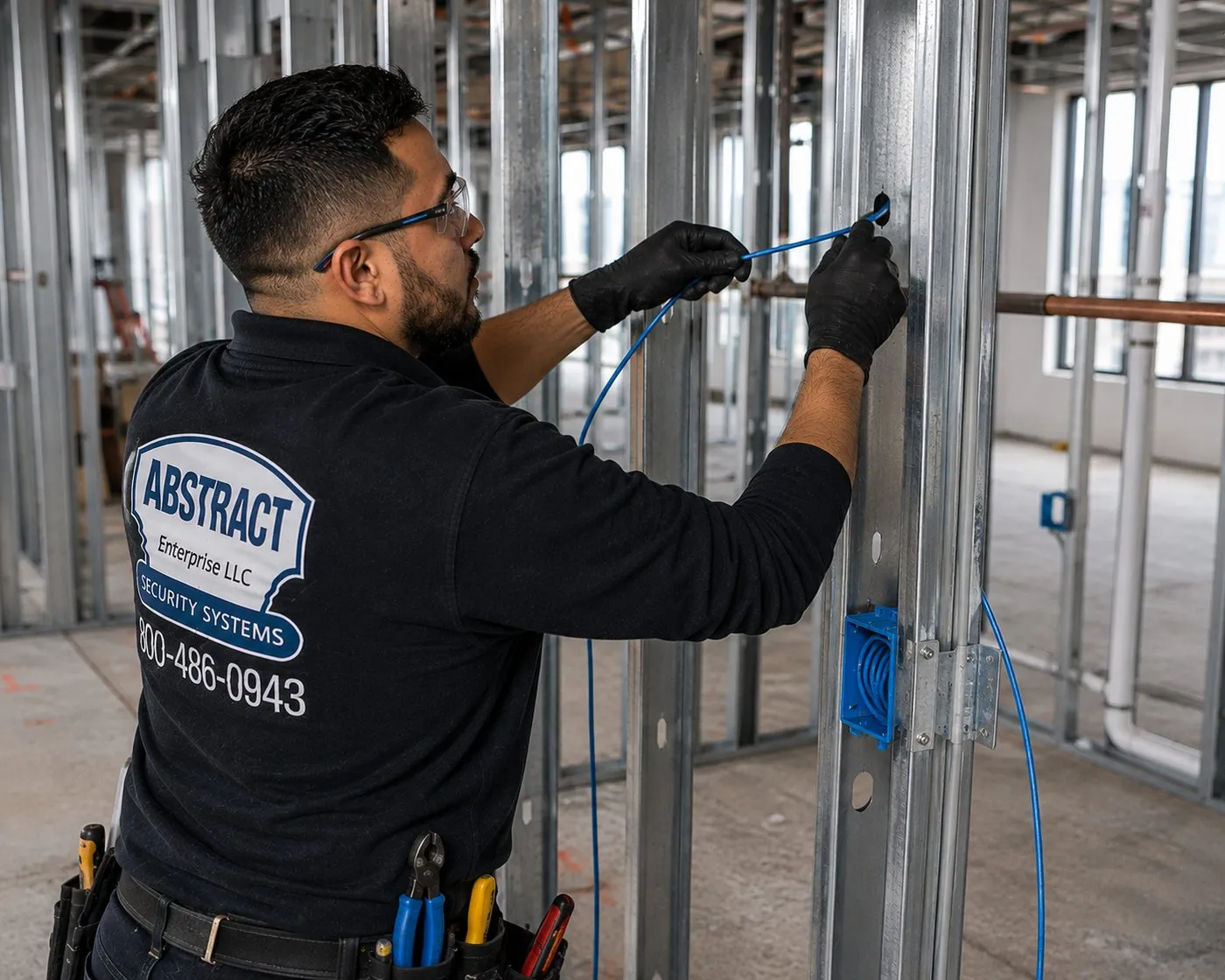 Cable fed through framing to a low-voltage box — Hudson Valley soundbar installation wiring Technician feeding cable through a punched hole in a metal stud toward a low-voltage box, the open-wall cable routing method for Hudson Valley soundbar installation