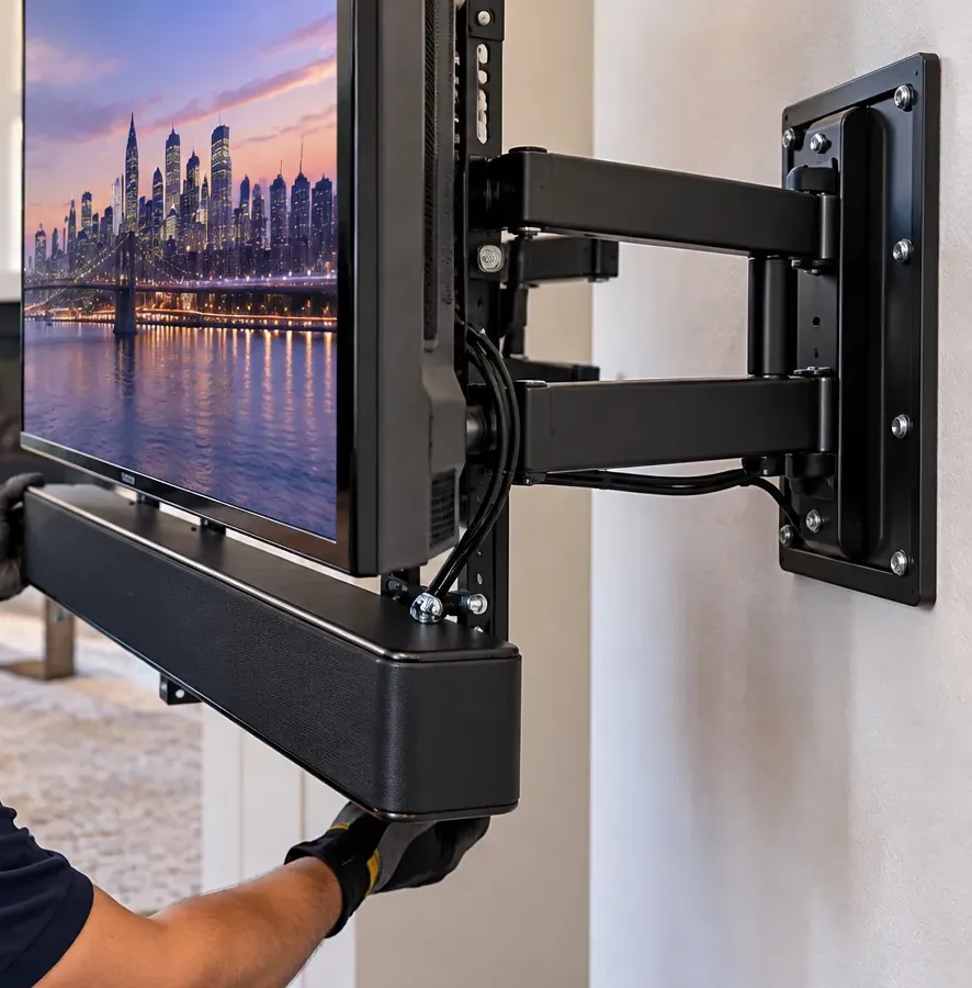 Soundbar fixed beneath a TV on a full-motion arm β Jackson Heights, Queens Soundbar installation Jackson Heights, Queens: a soundbar attached beneath a TV on a black full-motion wall arm, a gloved hand supporting the bar and cables clipped along the arm to the wall plate