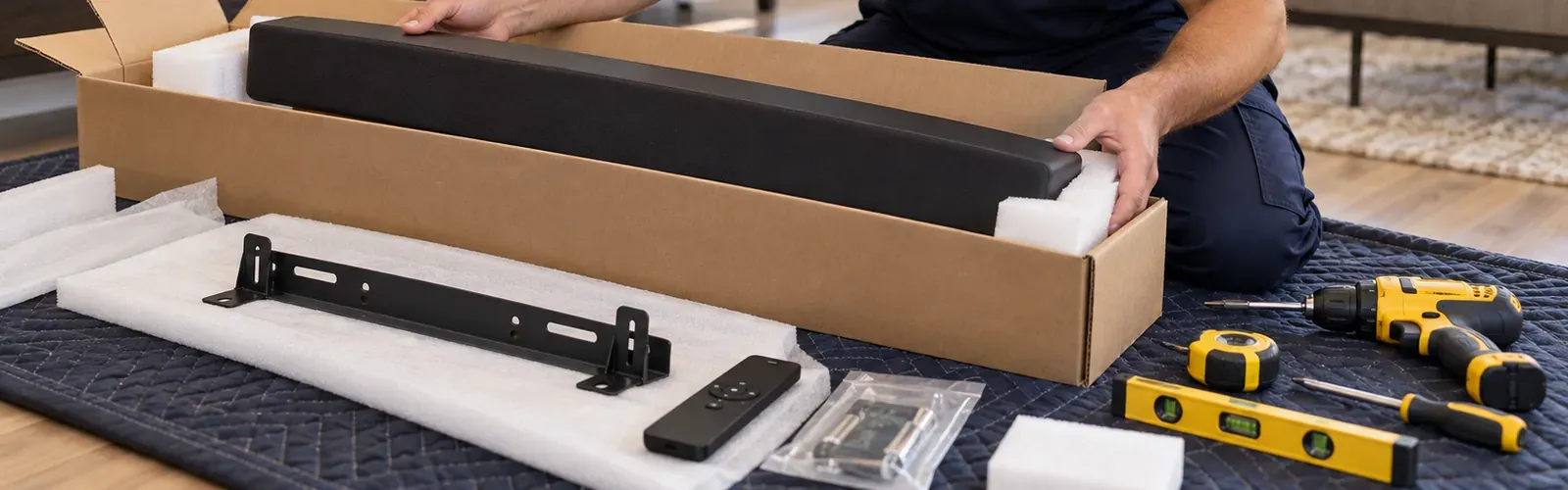 Soundbar, bracket and hardware unpacked β Jackson Heights, Queens Soundbar installation Jackson Heights, Queens: hands lifting a black soundbar out of its carton on a moving blanket, with the wall bracket, remote and hardware bag on foam and a drill, tape measure, level and screwdriver beside them