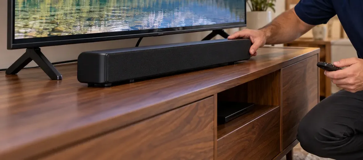 Soundbar on the console with no drilling β Jackson Heights, Queens Soundbar installation Jackson Heights, Queens: a black soundbar standing on a walnut console in front of a TV on feet, one hand on the bar and another holding a remote