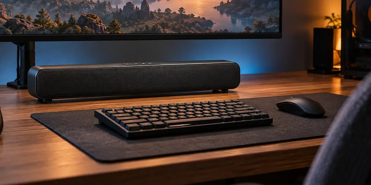 Compact soundbar under a desk monitor β Jackson Heights, Queens Soundbar installation Jackson Heights, Queens: a compact black soundbar on a wooden desk beneath a monitor on an arm, with a keyboard, mouse and desk mat in front