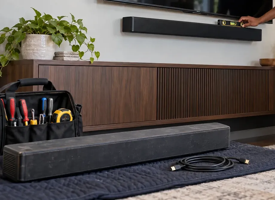 Final level check on a wall-mounted soundbar β Jackson Heights, Queens Soundbar installation Jackson Heights, Queens: a hand resting a small level on a black soundbar mounted under a TV above a walnut slatted console, with a tool bag, a spare bar and a coiled HDMI cable on a moving blanket in front