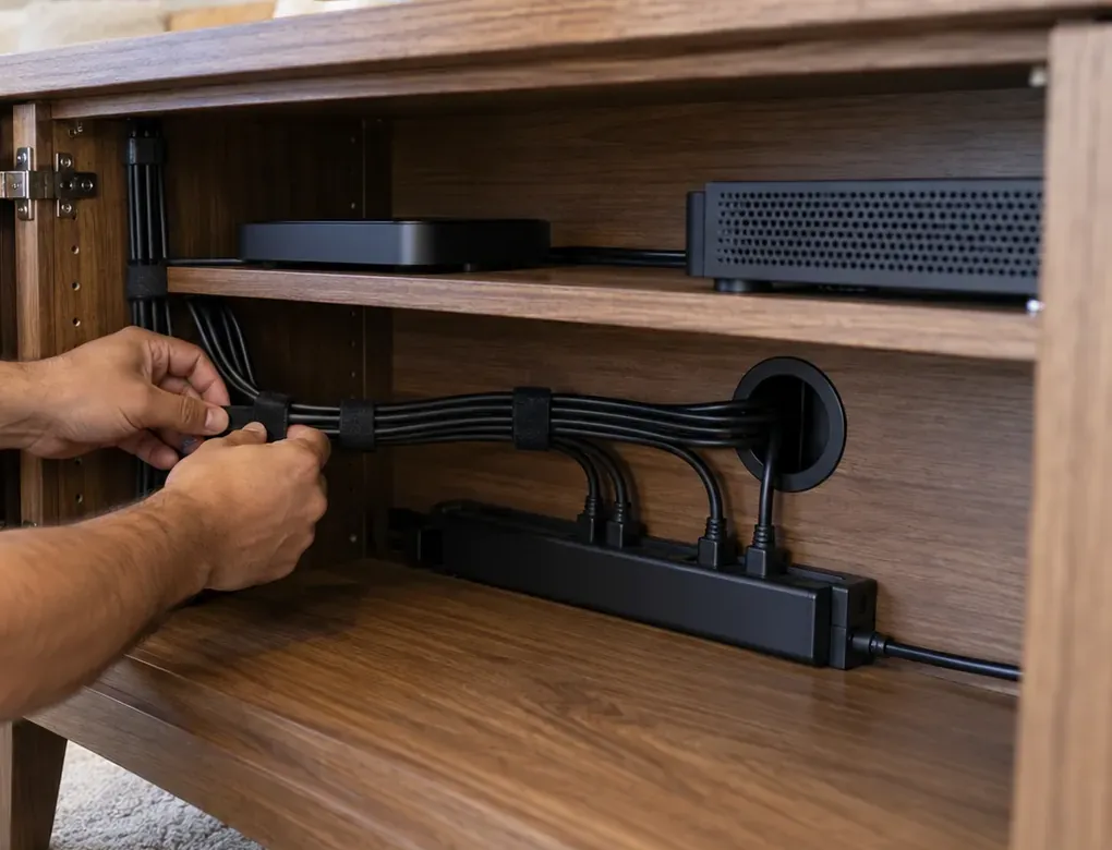 Strapping cables through a cabinet grommet β Jackson Heights, Queens Soundbar installation Jackson Heights, Queens: hands fastening hook-and-loop straps around a bundle of black cables inside a wood media cabinet, the bundle passing through a round grommet to a power strip, two set-top boxes on the shelf above