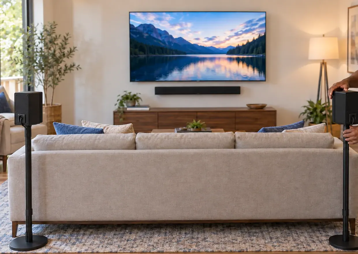 Rear speakers on stands behind a sofa β Jackson Heights, Queens Soundbar installation Jackson Heights, Queens: two rear speakers on black floor stands at either end of a beige sofa, facing a wall-mounted TV with a soundbar above a wood console, one hand adjusting the right-hand speaker