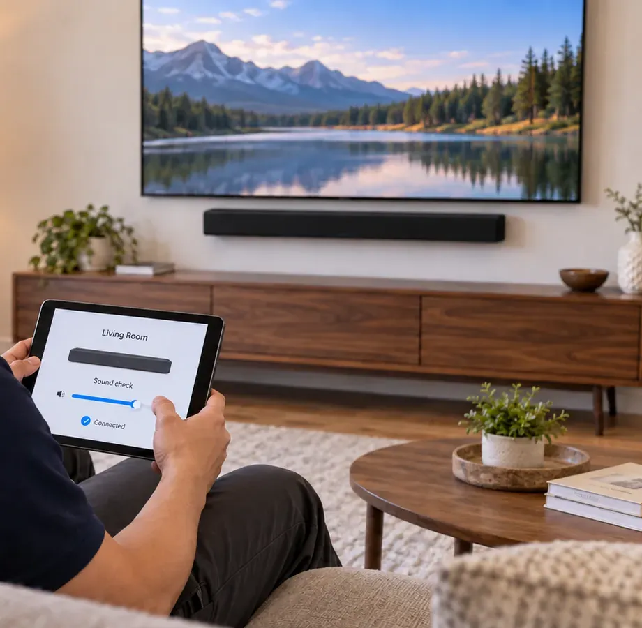 Sound check from the sofa on a tablet β Jackson Heights, Queens Soundbar installation Jackson Heights, Queens: hands holding a tablet showing a Living Room sound-check screen with a volume slider, seen from a sofa facing a wall-mounted TV and soundbar above a wood console