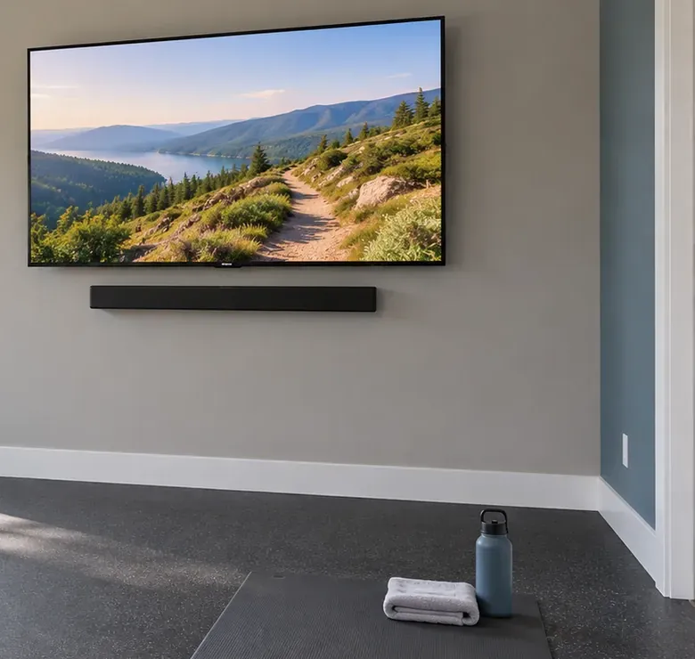 Wall TV and soundbar in an exercise room β Jackson Heights, Queens Soundbar installation Jackson Heights, Queens: a wall-mounted TV with a soundbar below it on a grey wall, above a dark rubber floor with an exercise mat, towel and water bottle