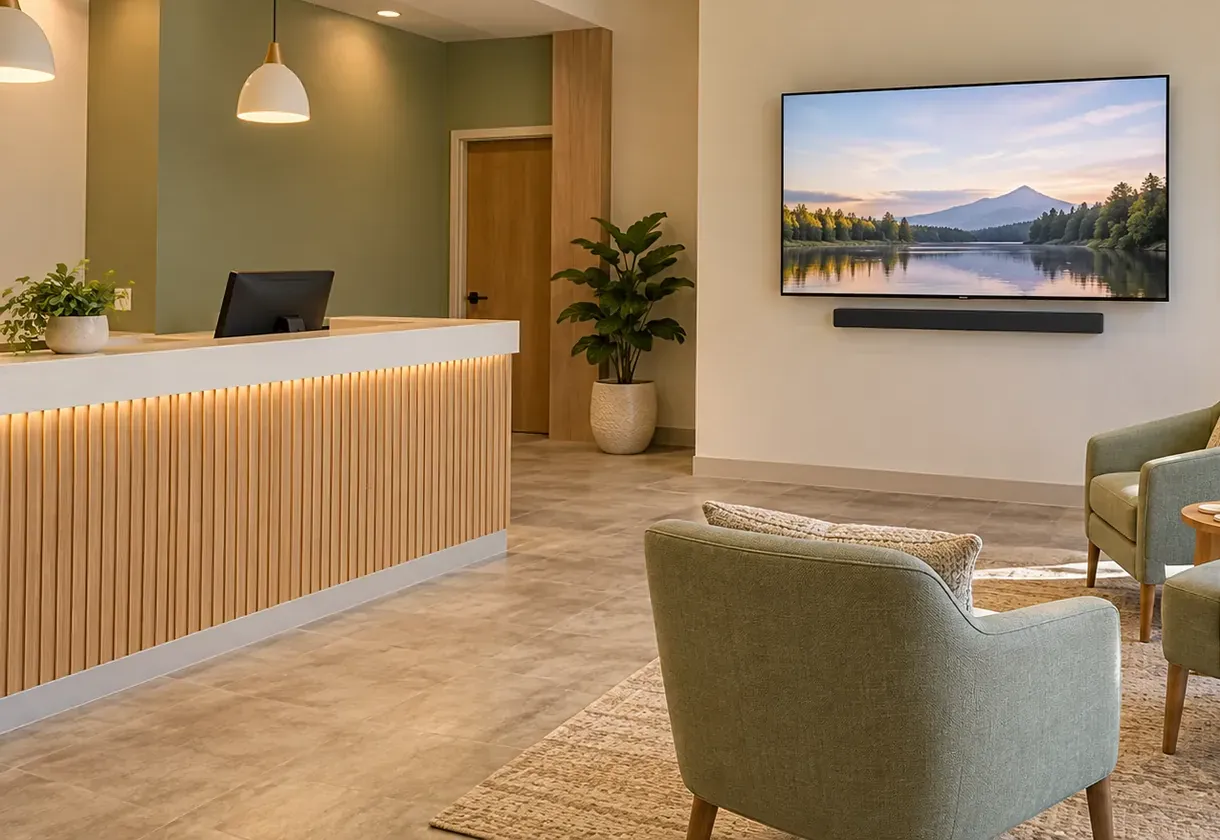 Wall TV and soundbar in a waiting area β Jackson Heights, Queens Soundbar installation Jackson Heights, Queens: a reception area with a slatted wood front desk, a wall-mounted TV and slim soundbar on a cream wall, and green armchairs on a rug in the foreground