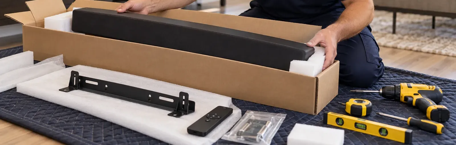 Soundbar lifted from its carton with bracket and tools — Kingsbridge, Bronx Kingsbridge, Bronx soundbar unboxing: hands lifting a soundbar out of its carton on a navy blanket, with the wall bracket, remote, fixings bag, drill, tape measure and level laid out