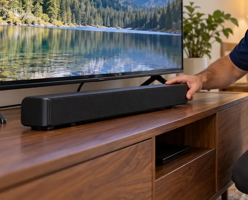 Soundbar placed on a walnut console under a TV — Kingsbridge, Bronx Soundbar setup in Kingsbridge, Bronx: a hand easing a black soundbar into place on a walnut media console in front of a TV standing on its feet