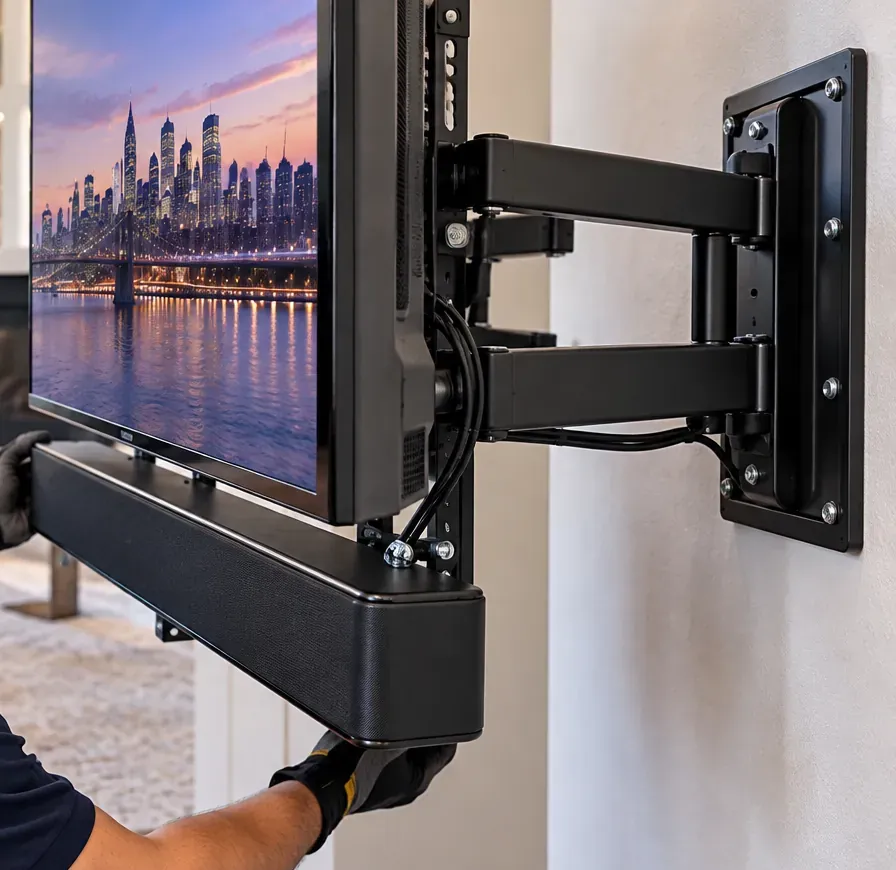 Soundbar fixed under a TV on an extending arm — Kingsbridge, Bronx Kingsbridge, Bronx soundbar on an articulating TV mount: gloved hands supporting a soundbar fixed under a TV whose extending arm is bolted to the wall