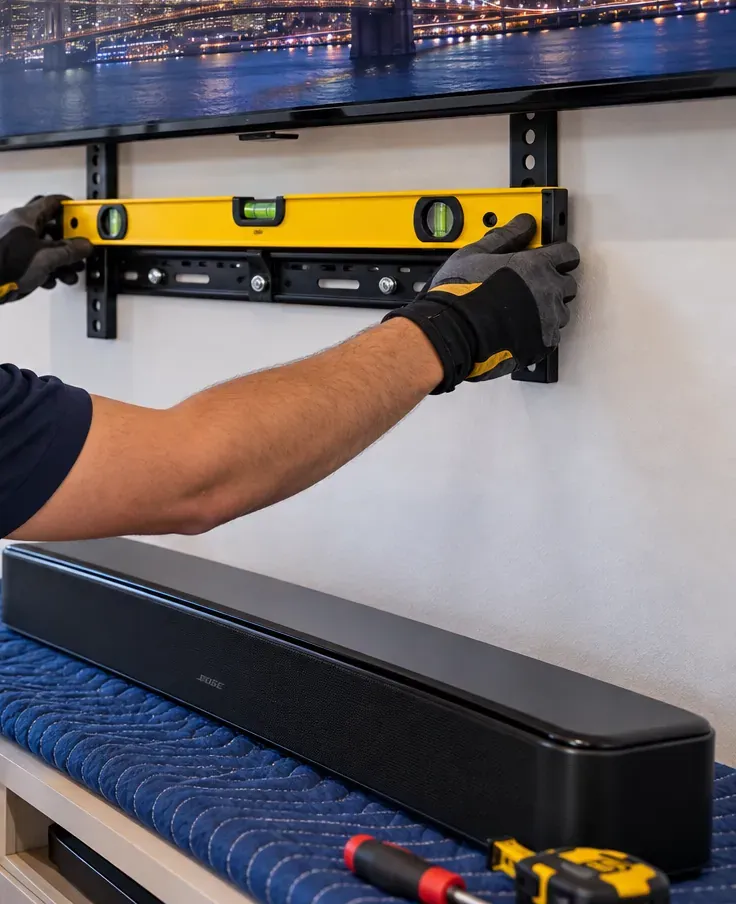 Levelling the soundbar bracket under a TV — Kingsbridge, Bronx Soundbar installation in Kingsbridge, Bronx: gloved hands holding a yellow level against a black wall bracket under a TV, with the soundbar resting on a quilted blue blanket below