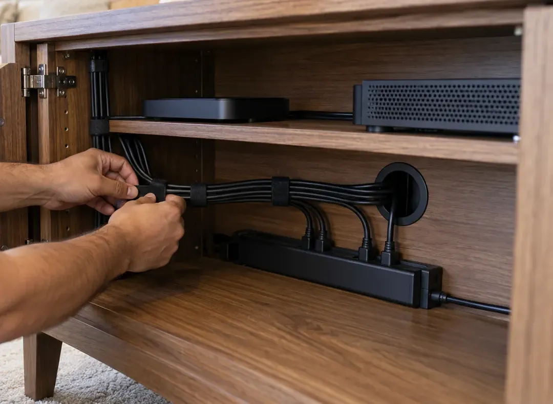 Strapping soundbar leads inside a media cabinet — Kingsbridge, Bronx Soundbar cable management in Kingsbridge, Bronx: hands strapping a bundle of black leads inside a walnut media cabinet, running through a round grommet to a power strip