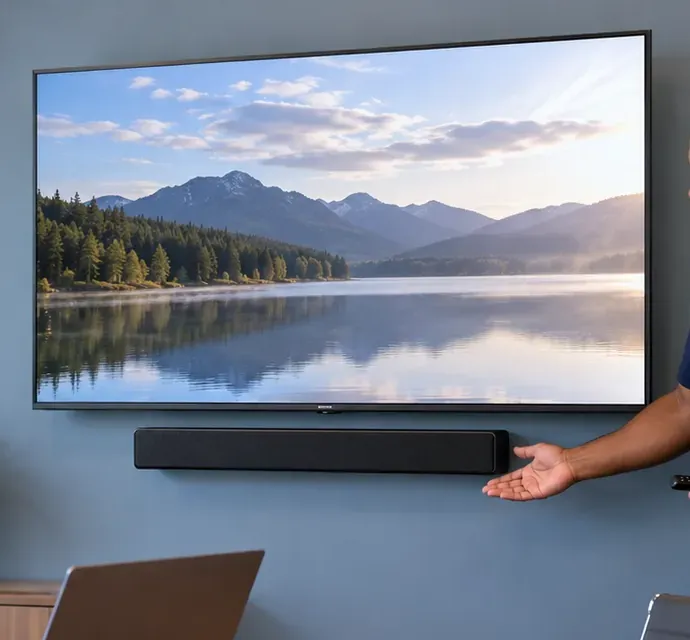 Wall TV with a slim soundbar on a blue-grey wall — Kingsbridge, Bronx Kingsbridge, Bronx soundbar on a blue-grey wall: a large wall-mounted TV with a slim soundbar centred beneath it, a hand gesturing toward the bar and a laptop on a table in the foreground
