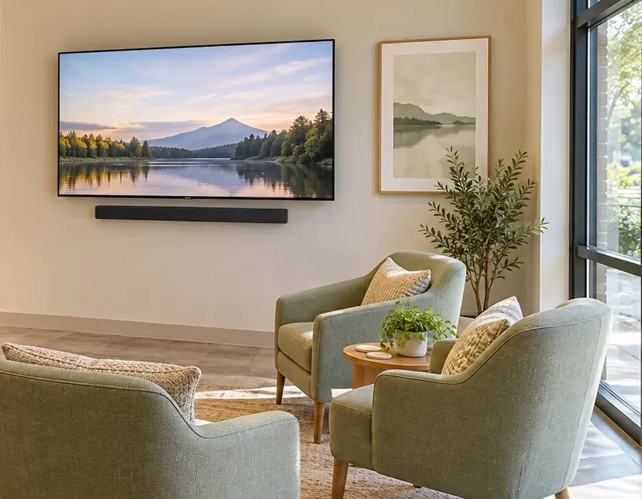 Waiting-area TV and soundbar above armchairs — Kingsbridge, Bronx business soundbar Business soundbar installation in Kingsbridge, Bronx: a wall-mounted TV with a slim soundbar below it in a waiting area with green armchairs, a framed print and a tall window