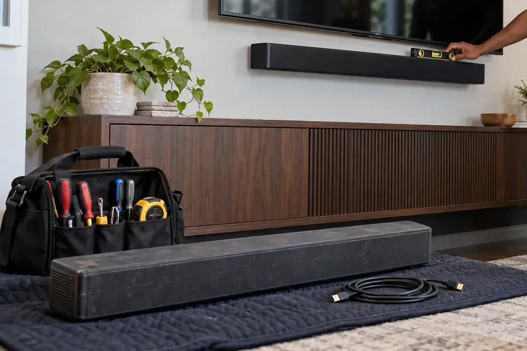 Short level checked on a mounted soundbar — Kingsbridge, Bronx Kingsbridge, Bronx soundbar level check: a hand resting a short level on a soundbar mounted below a wall TV, with a tool bag, a second soundbar and an HDMI cable on a blanket in front of a walnut console