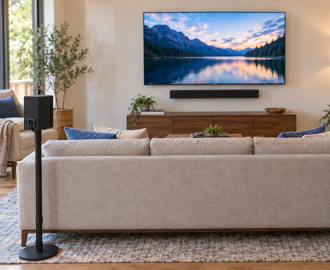 Surround speaker on a floor stand beside the sofa — Kingsbridge, Bronx Soundbar surround setup in a Kingsbridge, Bronx living room: a rear speaker on a slim floor stand beside a long sofa, with the TV and soundbar on the far wall