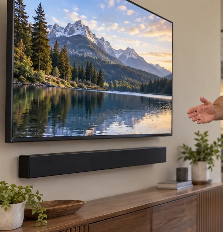 Wall-mounted soundbar above a slatted walnut console — Kingsbridge, Bronx Kingsbridge, Bronx soundbar installation: a long black soundbar mounted on the wall beneath a large TV, above a walnut console with slatted doors and potted plants