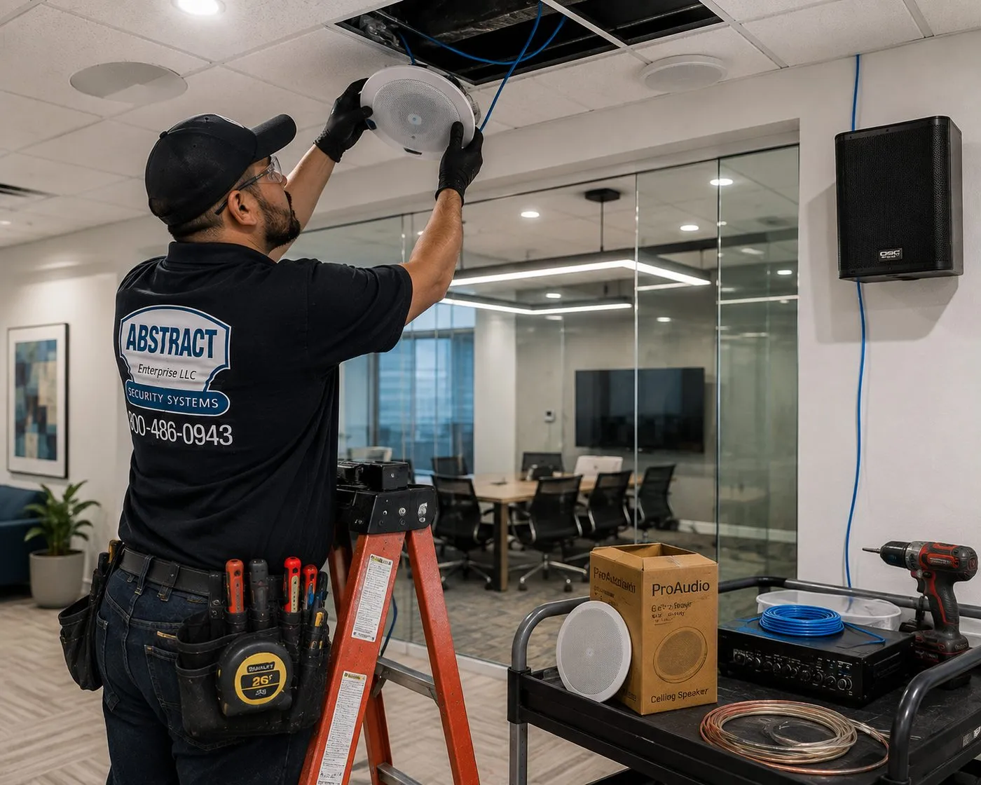 Technician installing a ceiling speaker next to a wall-mounted cabinet speaker in an office, commercial audio comparable to Long Island bar and showroom soundbar work