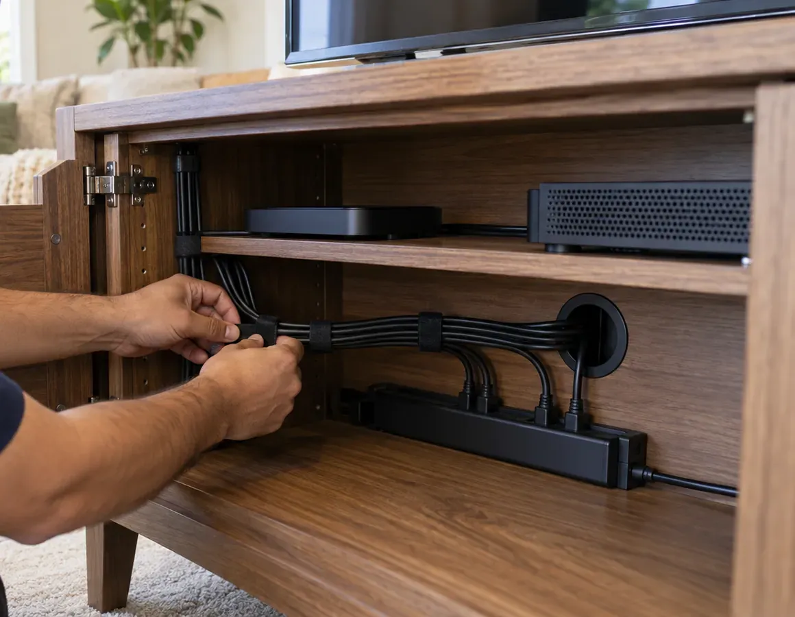 Strapping cables inside the media cabinet — Queens soundbar installation Hands strapping black cables together inside a wooden media cabinet, routed through a grommet to a power strip, devices on the shelf above — Queens soundbar installation