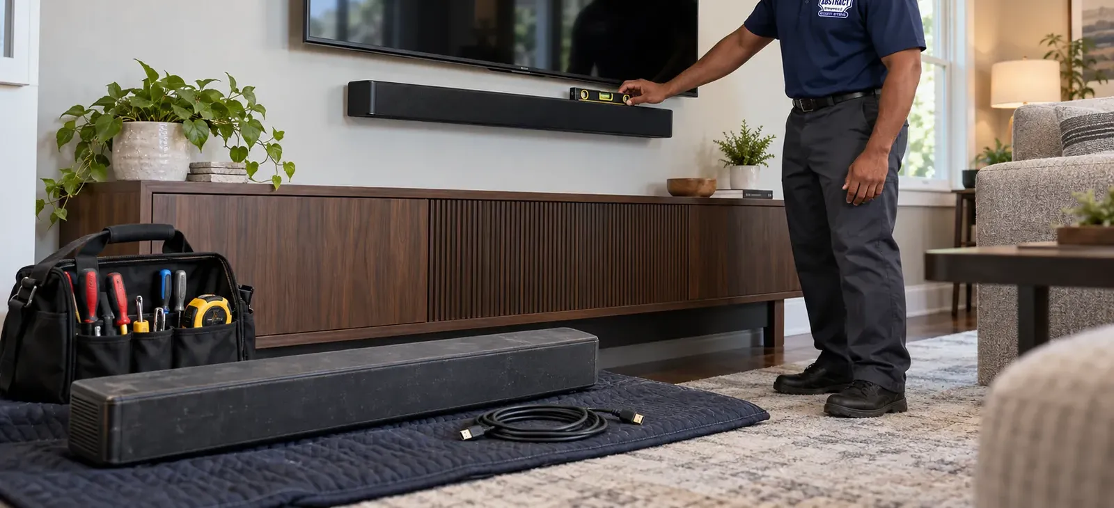 Checking level on a wall-mounted soundbar — Queens soundbar installation Technician holding a level on a soundbar mounted under a wall TV above a wooden credenza, a spare bar, HDMI cable and tool bag on a blanket — Queens soundbar installation