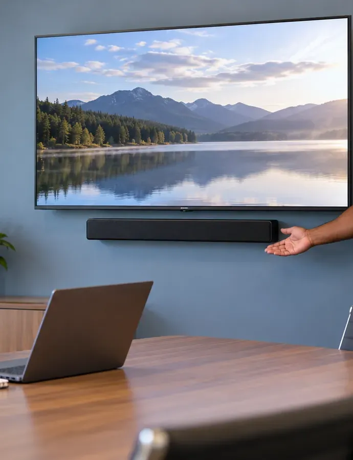Meeting-room display and soundbar — Queens office soundbar installation Meeting-room display on a blue wall with a soundbar mounted below it, a laptop on the conference table in front — Queens office soundbar installation