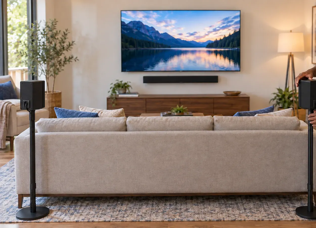 Rear speakers on floor stands behind the sofa — Queens soundbar installation Two rear surround speakers on floor stands behind a sofa, a wall-mounted TV and soundbar on the far wall — Queens soundbar installation