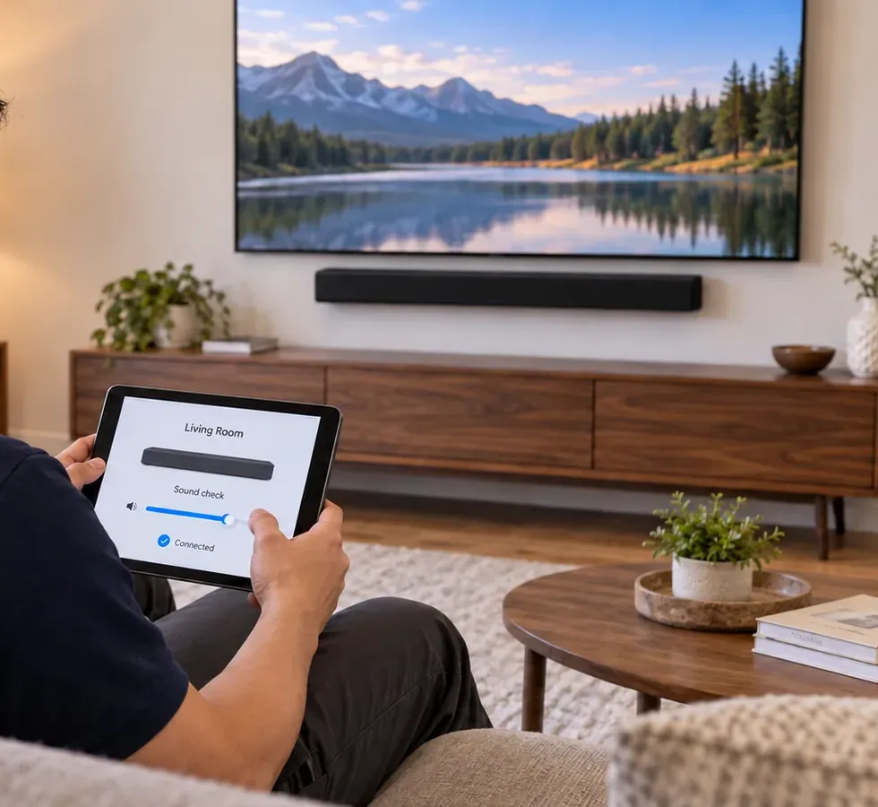 App sound check from the sofa — Queens soundbar installation Hands holding a tablet showing a Living Room sound-check screen, a wall-mounted TV and soundbar above a credenza ahead — Queens soundbar installation