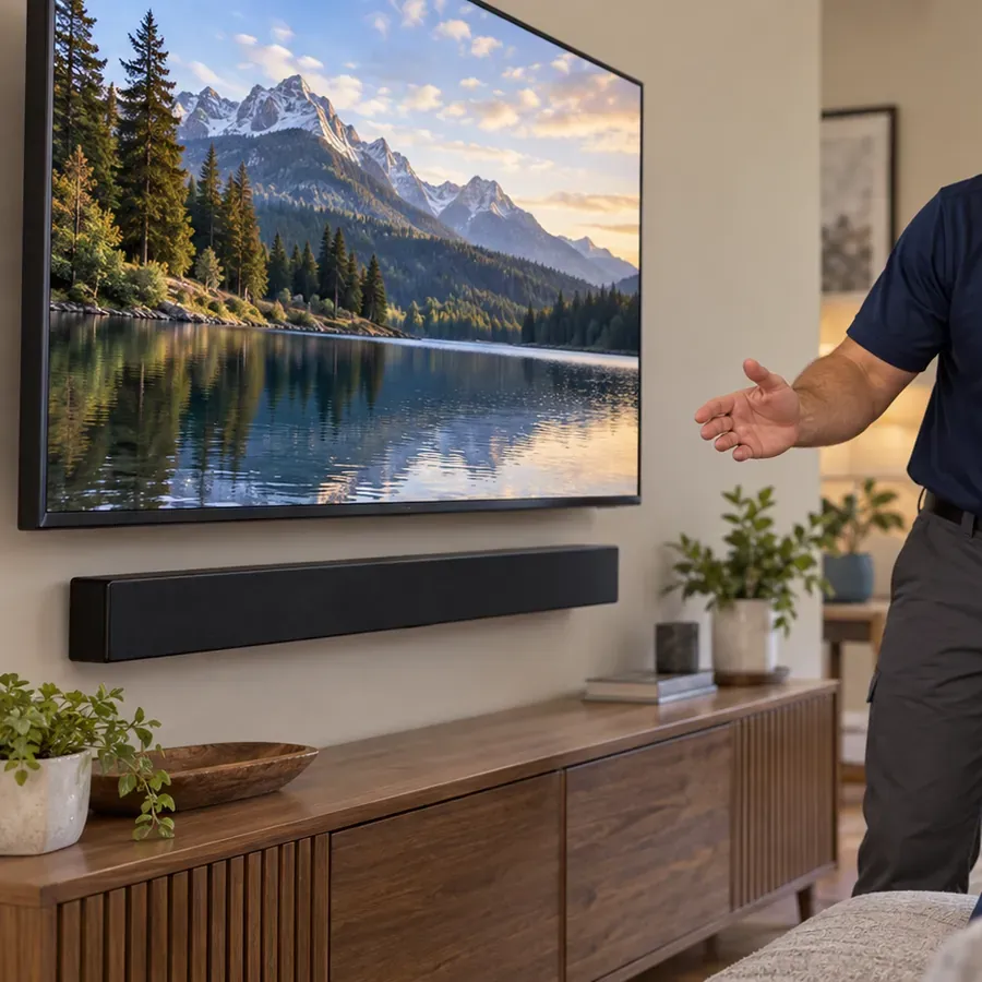 Wall TV and soundbar over a credenza — Queens soundbar installation Wall-mounted TV with a soundbar fixed below it over a slatted wooden credenza, a technician gesturing toward the screen — Queens soundbar installation