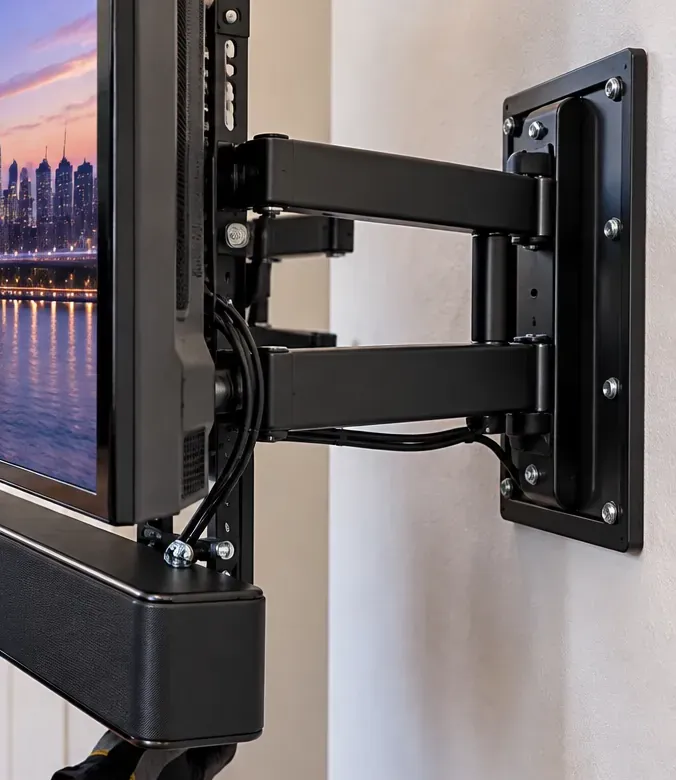 Soundbar carried on an articulating TV arm — Morris Park, Bronx Soundbar on an articulating TV mount in Morris Park, Bronx: a black multi-jointed wall arm holding a TV with a soundbar attached beneath the screen
