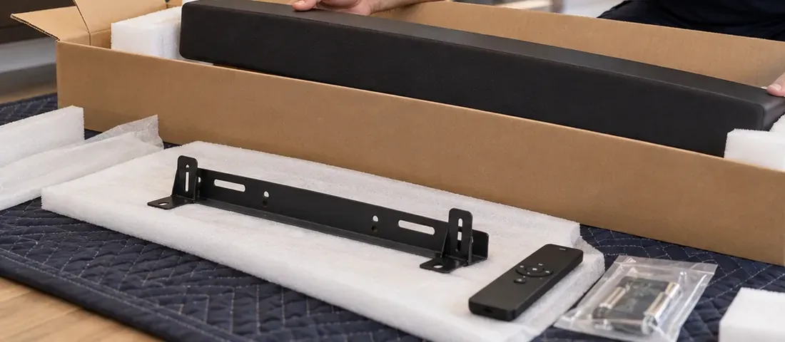 Soundbar, bracket, remote and fixings unpacked — Morris Park, Bronx Morris Park, Bronx soundbar unpacking: a soundbar lifted in its open carton beside a black wall bracket on foam, a remote and a bag of fixings on a dark moving blanket