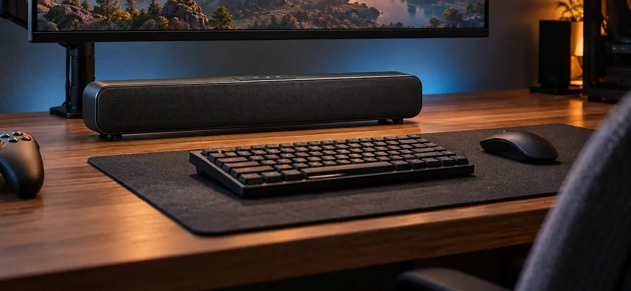 Compact soundbar on a desk under a monitor — Morris Park, Bronx Compact soundbar for a small room in Morris Park, Bronx: a short soundbar on a wooden desk below a monitor on an arm, with a keyboard, a mouse and a game controller