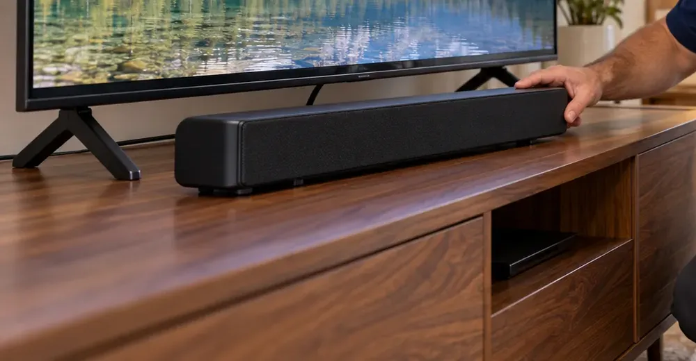 Soundbar placed on a walnut console — Morris Park, Bronx Console soundbar setup in Morris Park, Bronx: a hand resting on a black soundbar placed on a walnut media console in front of a TV standing on its feet