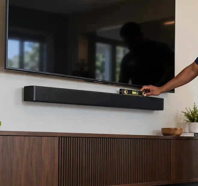 Spirit level on a wall-mounted soundbar — Morris Park, Bronx Soundbar installation in Morris Park, Bronx: a hand holding a short spirit level on top of a black soundbar fixed to the wall under a dark TV screen