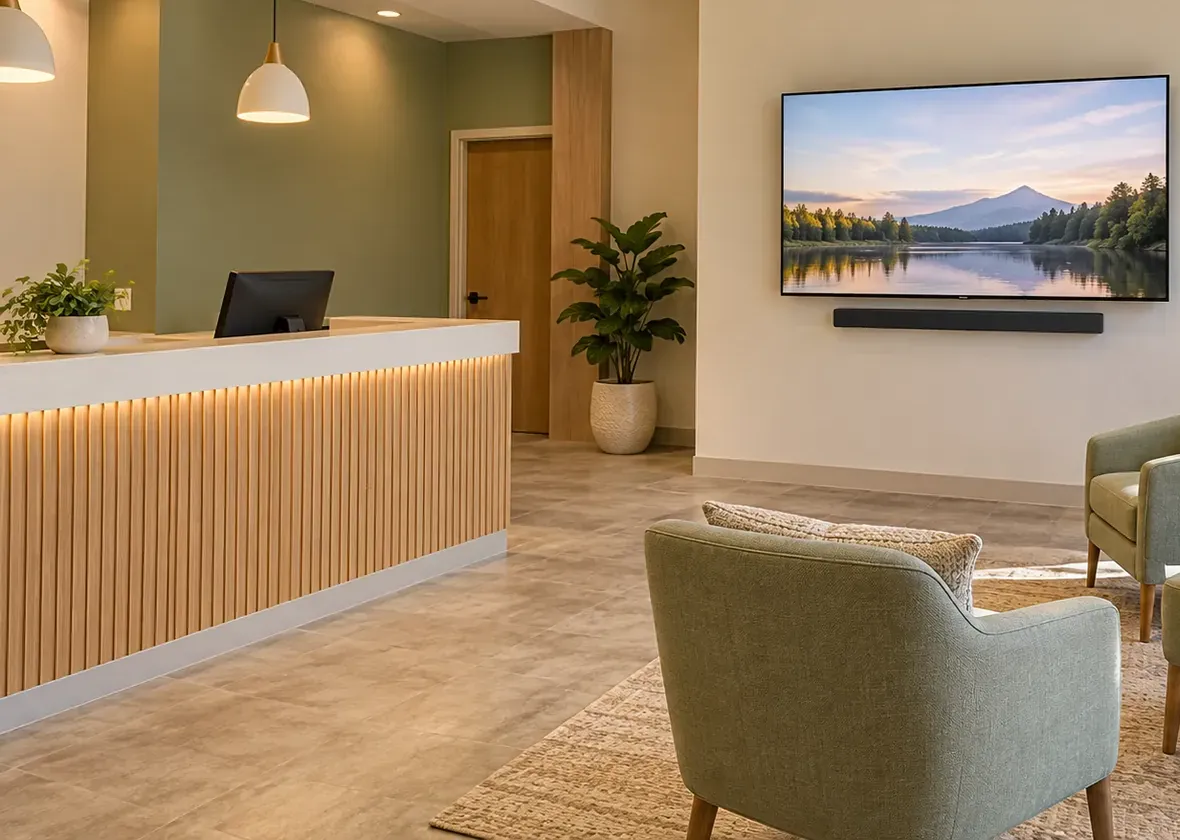 Reception area with a wall TV and soundbar — Morris Park, Bronx business soundbar Business soundbar installation in Morris Park, Bronx: a reception counter with a monitor and pendant lights beside a wall-mounted TV with a slim soundbar beneath it and green armchairs in front