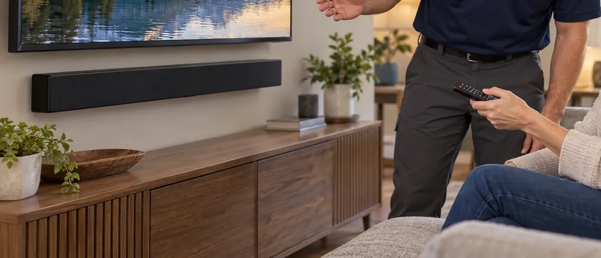 Remote walkthrough in front of a wall-mounted soundbar — Morris Park, Bronx Morris Park, Bronx soundbar handover: a seated person holding a TV remote toward a slim soundbar on the wall above a wooden console while the installer stands beside them
