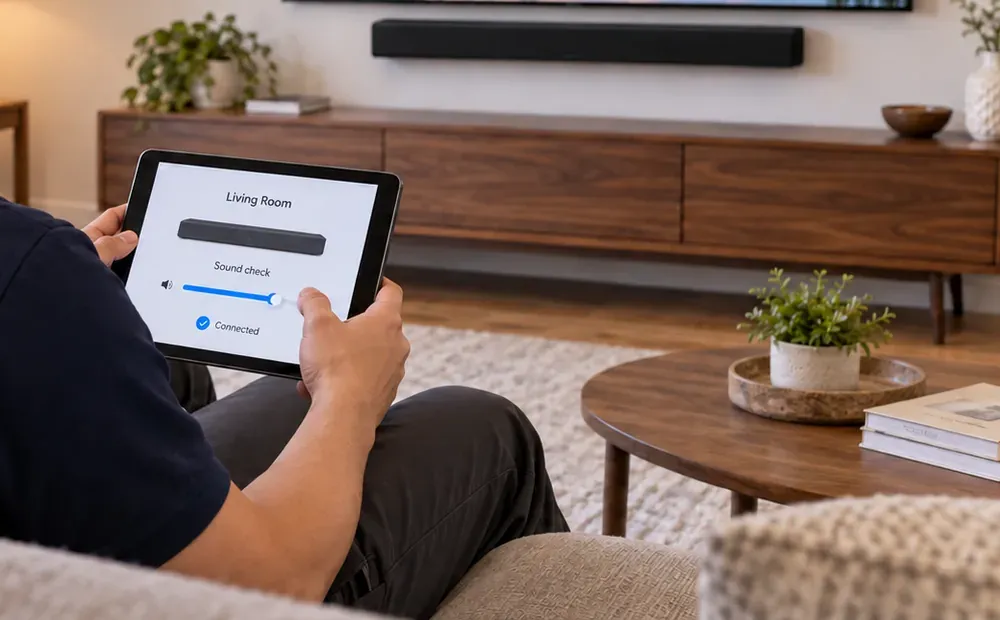 Tablet sound check facing a wall soundbar — Morris Park, Bronx Soundbar sound check in a Morris Park, Bronx living room: hands holding a tablet showing a living-room sound-check slider, with a wall-mounted soundbar above a wooden console in the background