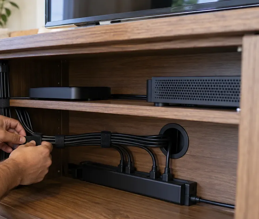 Strapping soundbar leads inside a console — Morris Park, Bronx Soundbar cable management in Morris Park, Bronx: hands fastening hook-and-loop straps around a bundle of black leads inside a wooden TV console, routed through a round grommet to a power strip