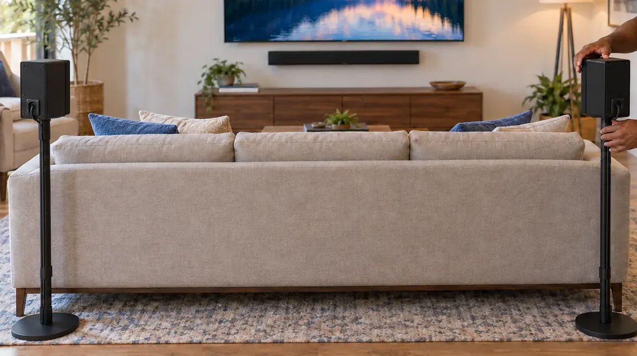 Two rear speakers on stands behind a sofa — Morris Park, Bronx Surround soundbar setup in a Morris Park, Bronx living room: two rear speakers on floor stands either side of a sofa facing a wall TV with a soundbar beneath it