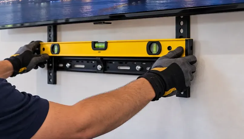 Levelling a soundbar bracket under the TV — Morris Park, Bronx Soundbar bracket being levelled in Morris Park, Bronx: gloved hands pressing a yellow spirit level across a black wall bracket fixed below the bottom edge of a TV
