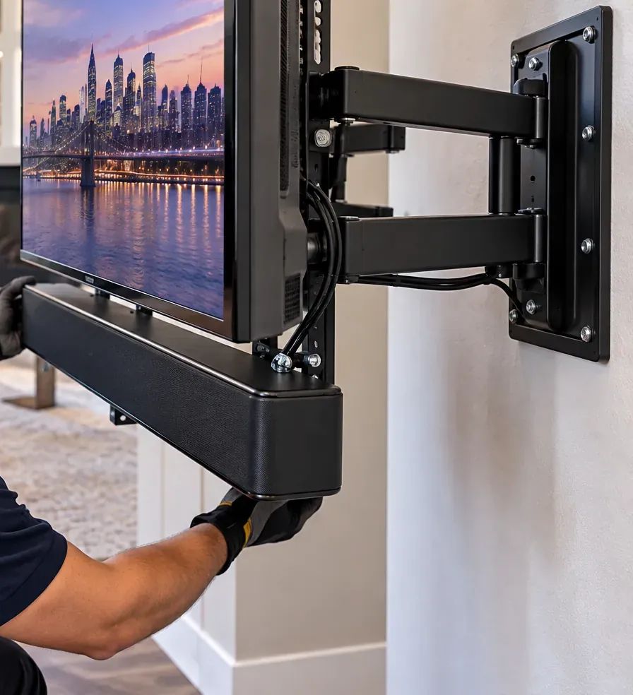 Bar attached to a swing-arm TV mount — Mott Haven, Bronx soundbar installation Gloved hand steadying a soundbar fixed beneath a TV on an articulating swing-arm wall mount — Bronx soundbar installation reference