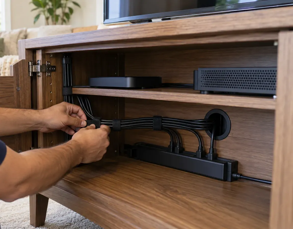 Cables strapped inside the console — Mott Haven, Bronx soundbar installation Hands strapping black cables together inside a wooden media console, routed through a grommet to a power strip beside a streaming box — Bronx soundbar cable reference